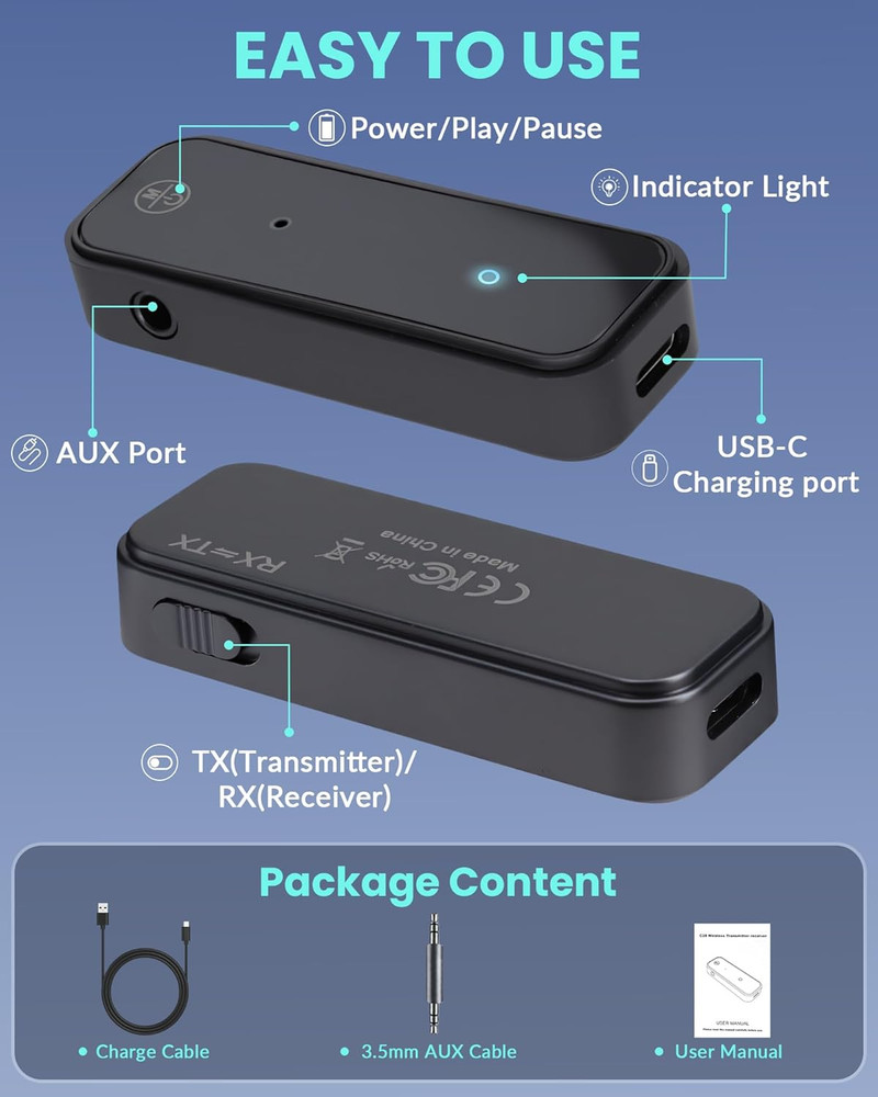 Aux Bluetooth 5.3 Adapter for Car, 2 in 1 Bluetooth Aux Car Adapter Receiver, Au