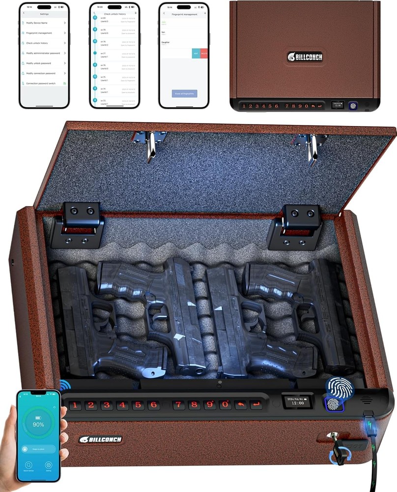Smart Gun Safe W/ Security Cable Biometric Gun Safe Handgun 4 Ways Quick Access