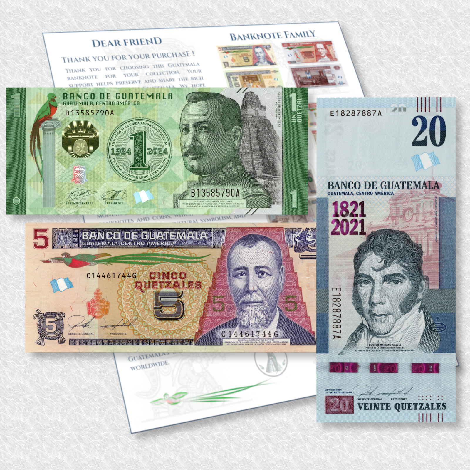 Guatemala 1, 5 & 20 Quetzals -Commemorative- UNC Banknote Set
