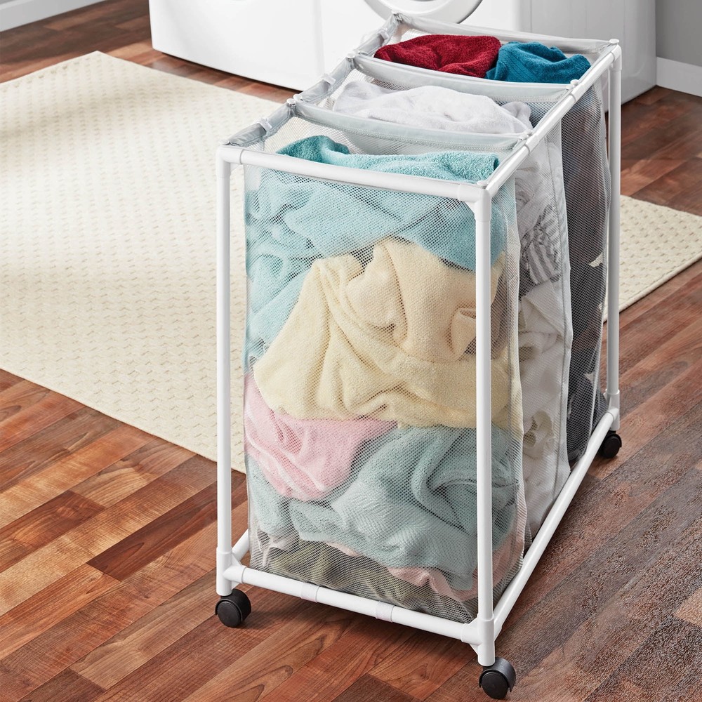 Mainstays 3 Bag Mesh Rolling Sorter Laundry Cart, Soft Silver