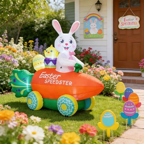 Inflatable Easter Bunny with Carrot Car and Easter Eggs, 6FT Easter