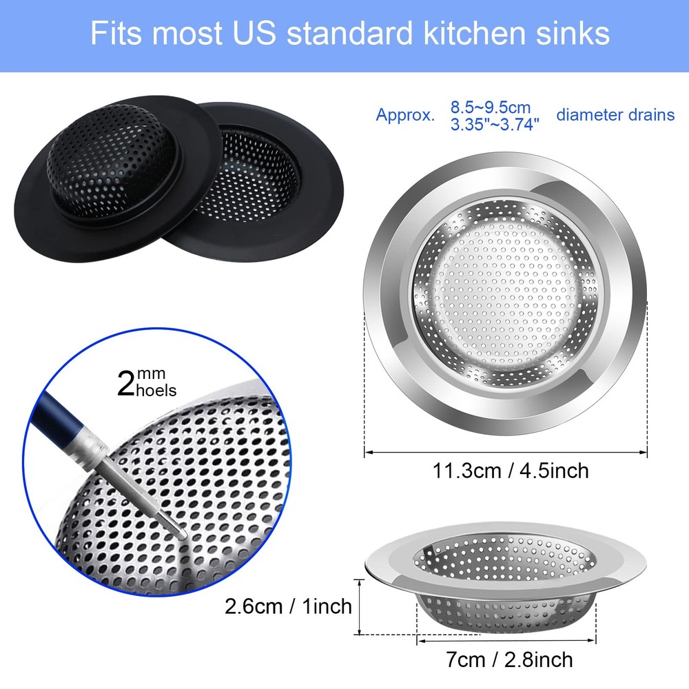 Kitchen Sink Drain Strainer 4 Pack Stainless 4.5 Strainers Silver&black