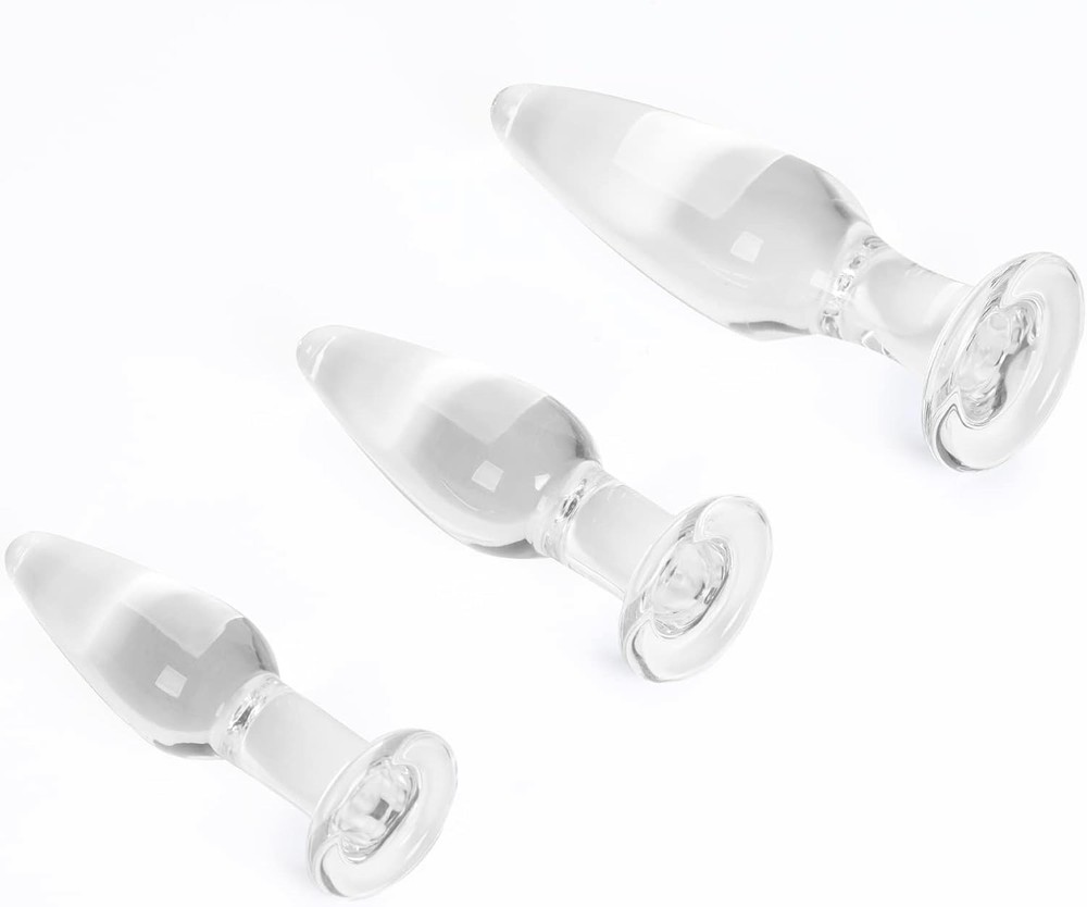 3 Pieces Glass Butt Plug Set Crystal Butt Plug Training Kit with Smooth Flat Bas