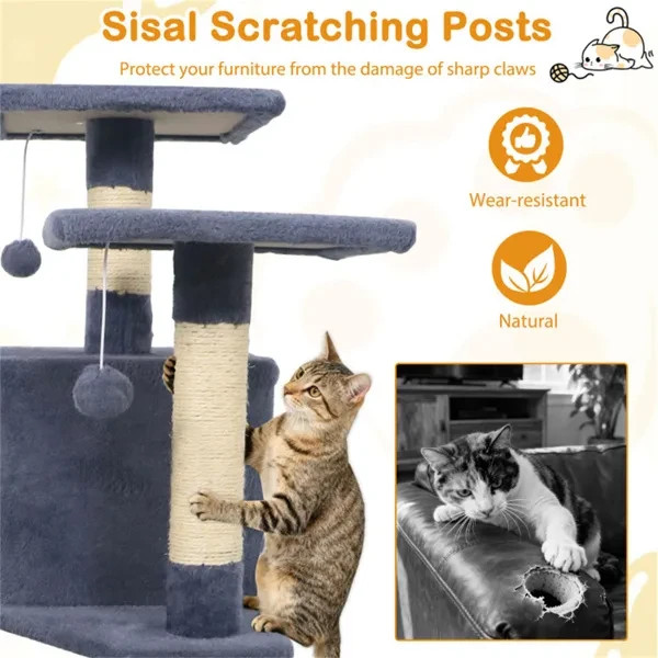 Multi-Level Cat Tree Tower with Scratching Posts - Large Cat Condo with Hammock