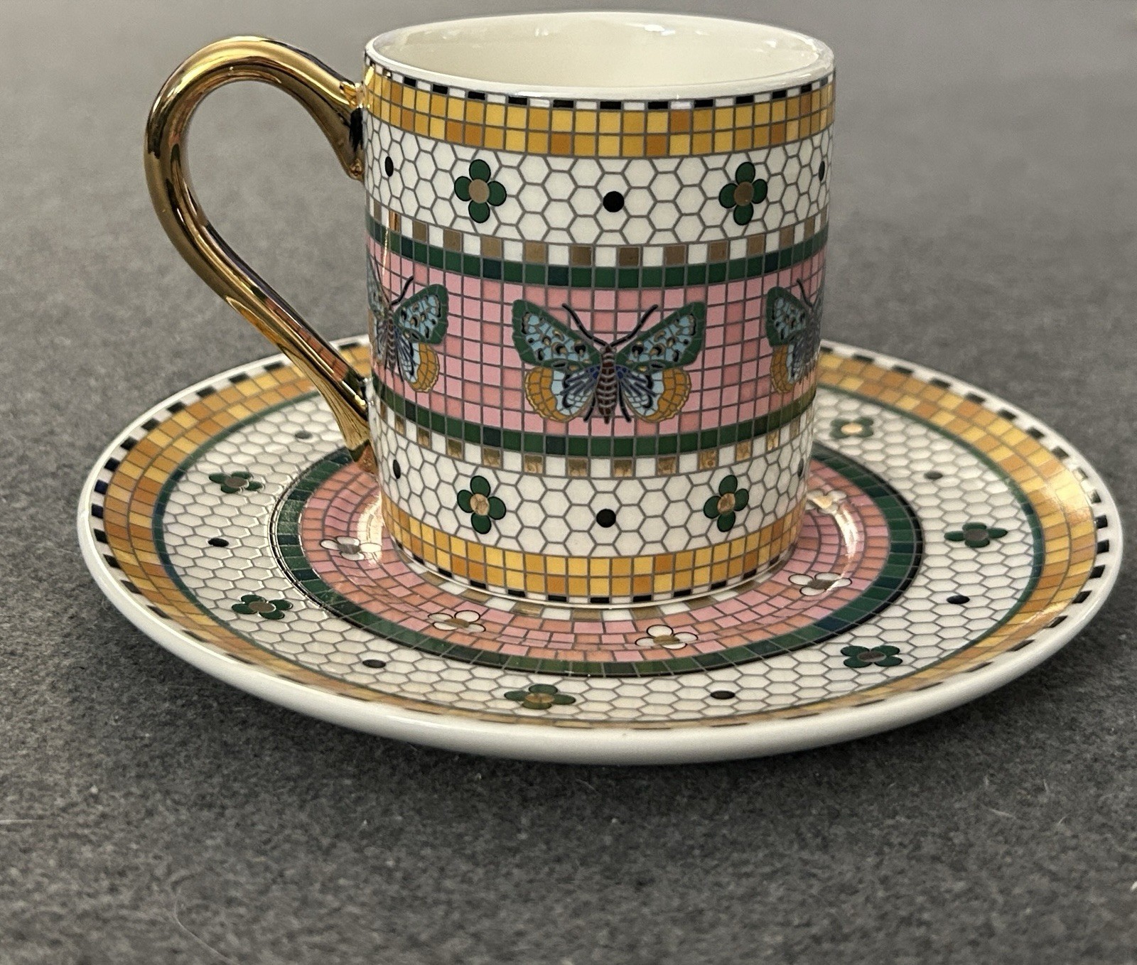 Anthropologie Bistro Tile Espresso Cup Saucer Set Pink Butterfly 24K Gold NEW