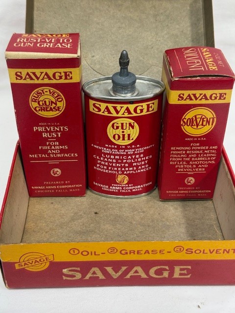 Savage Arms Gun Cleaning Kit Oil Tin RustVeto Gun Grease Solvent 3pk Vintage LOT
