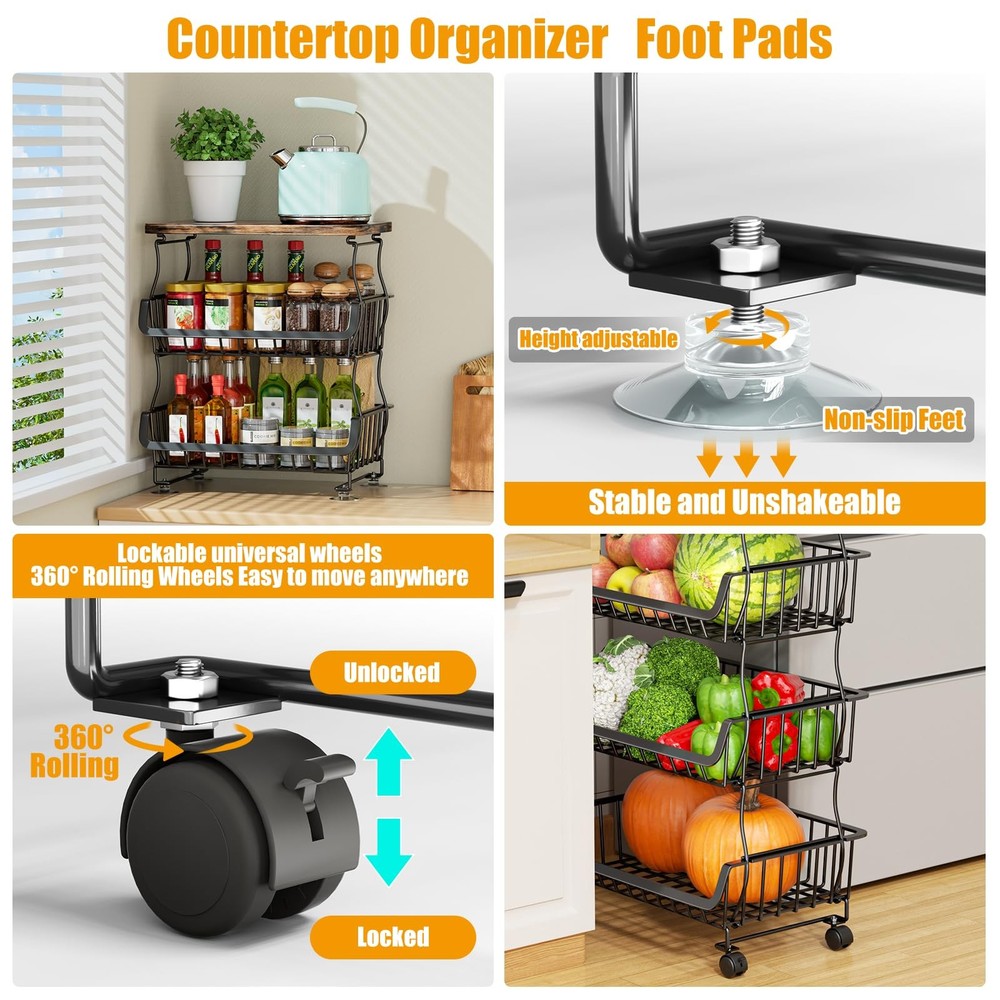 4 Tier Stackable Metal Wire Storage Basket Cart w/ Wheels