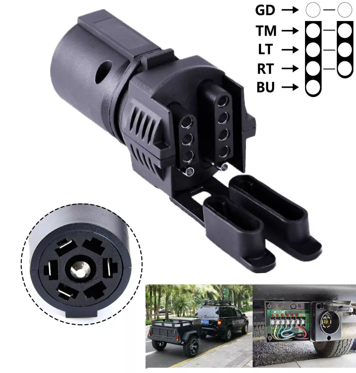 7 Way Round to 4/5 Pins Flat Trailer Wiring Plug Adapter for Truck RV Tow Hitch