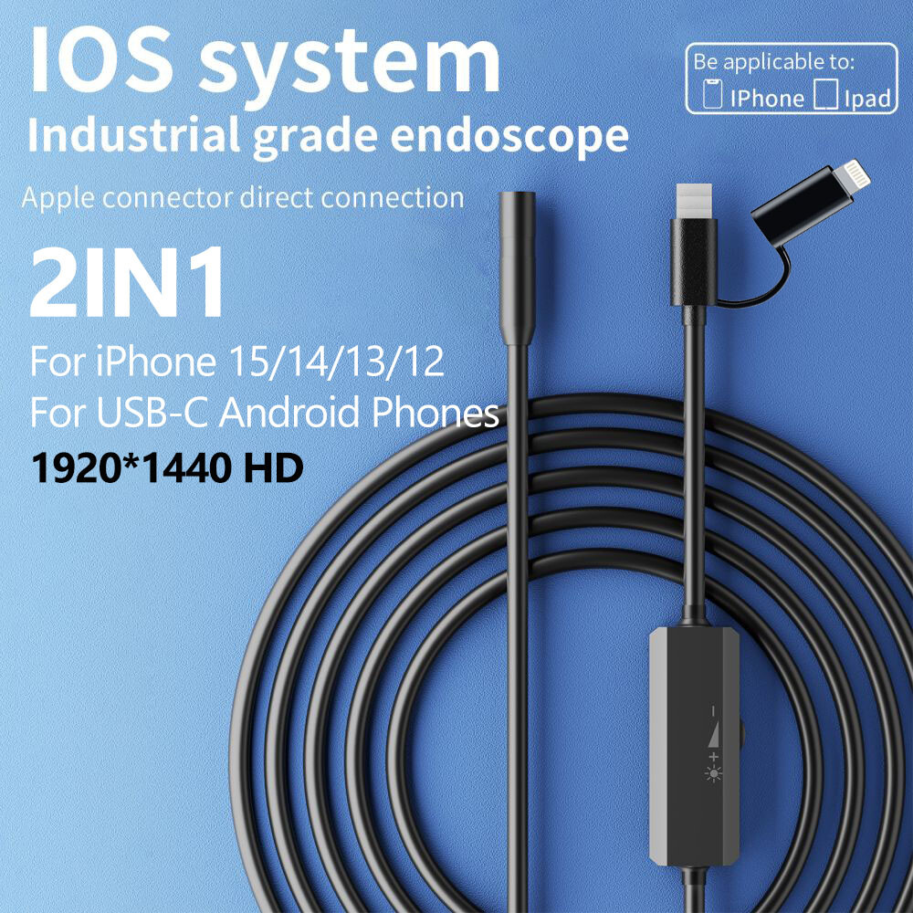 2in1 Endoscope Borescope Inspection Camera for iPhone 16/15/14 Android Samsung