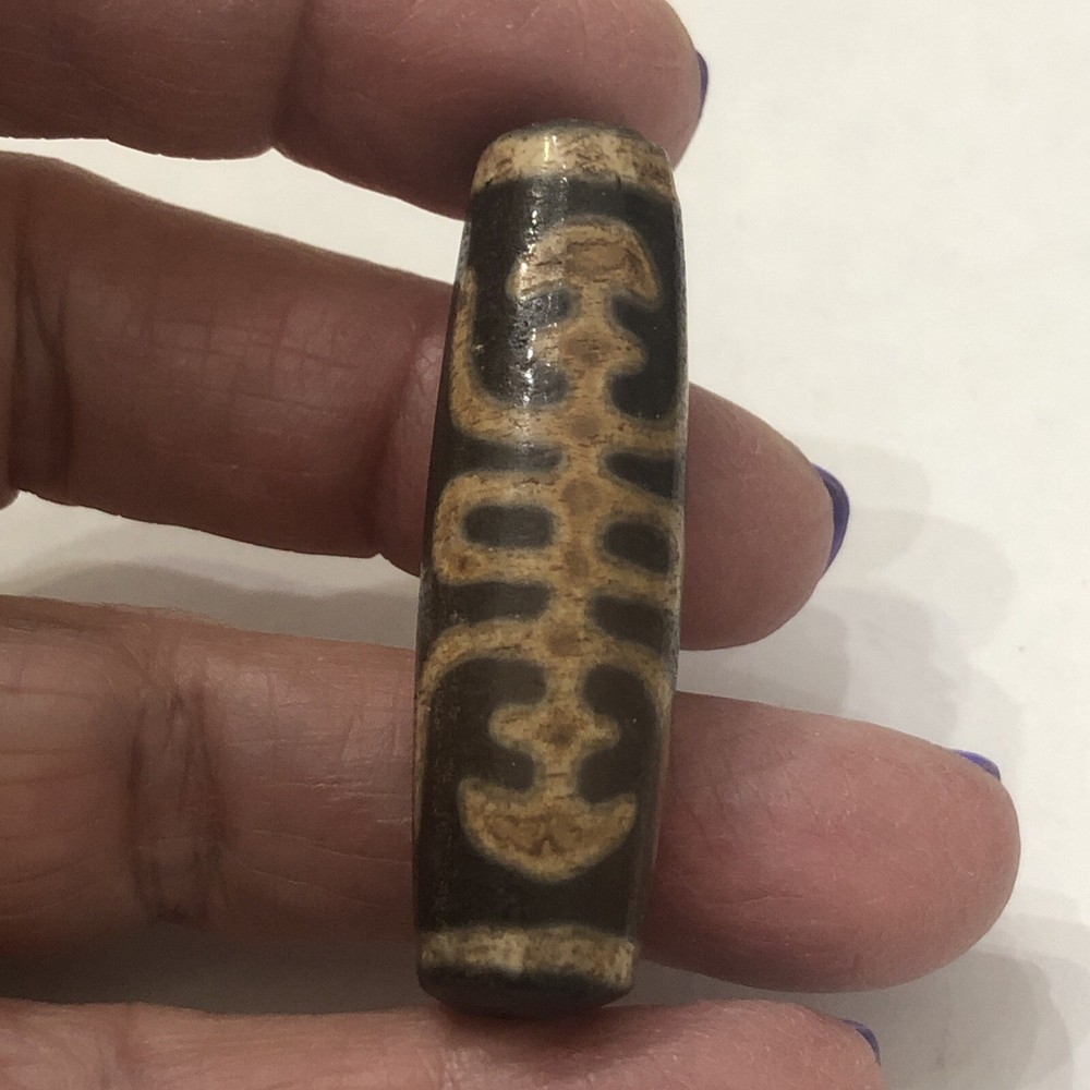 Tibetan Old Agate "Longevity / Bat" Dzi Bead