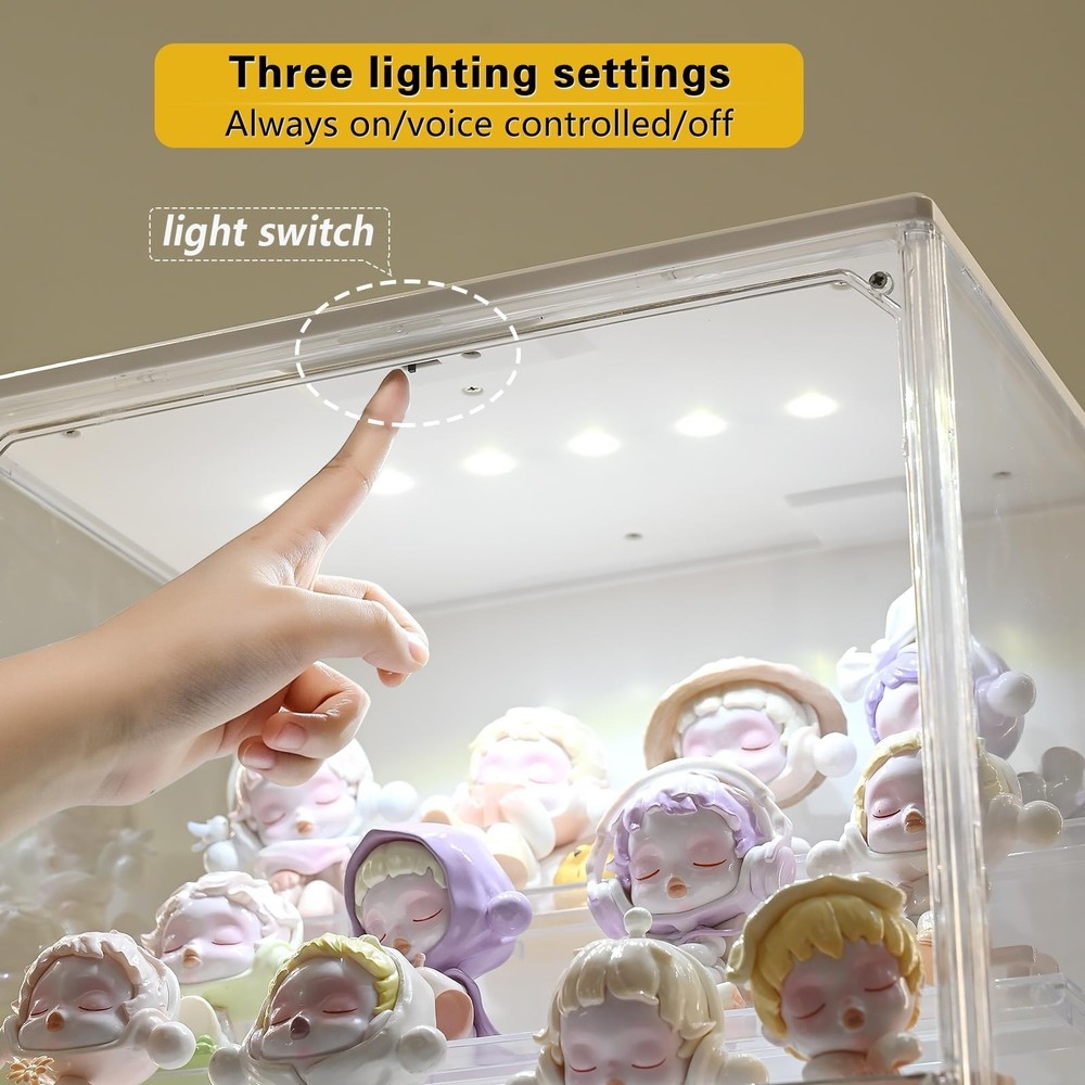 Acrylic Display Case with Light, Clear Showcase with Adjustable Shelf Risers,...