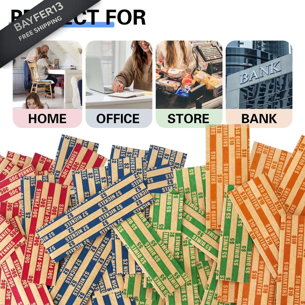 ESSENTIAL 100 pcs Assorted Packed Flat Stripped Coin Wrappers, 100-Assorted