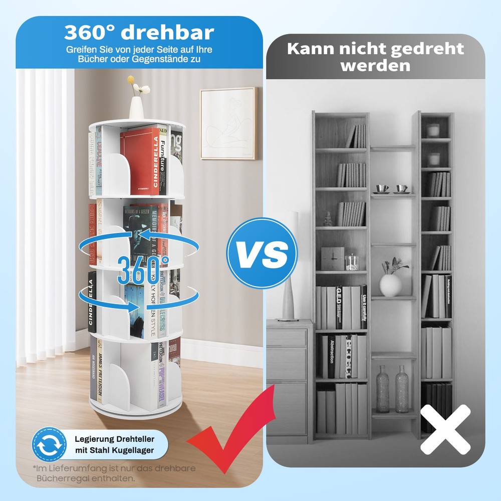 Rotating Bookshelf 360 Bookcase Freestanding Storage Shelf Display Rack 4 Tier