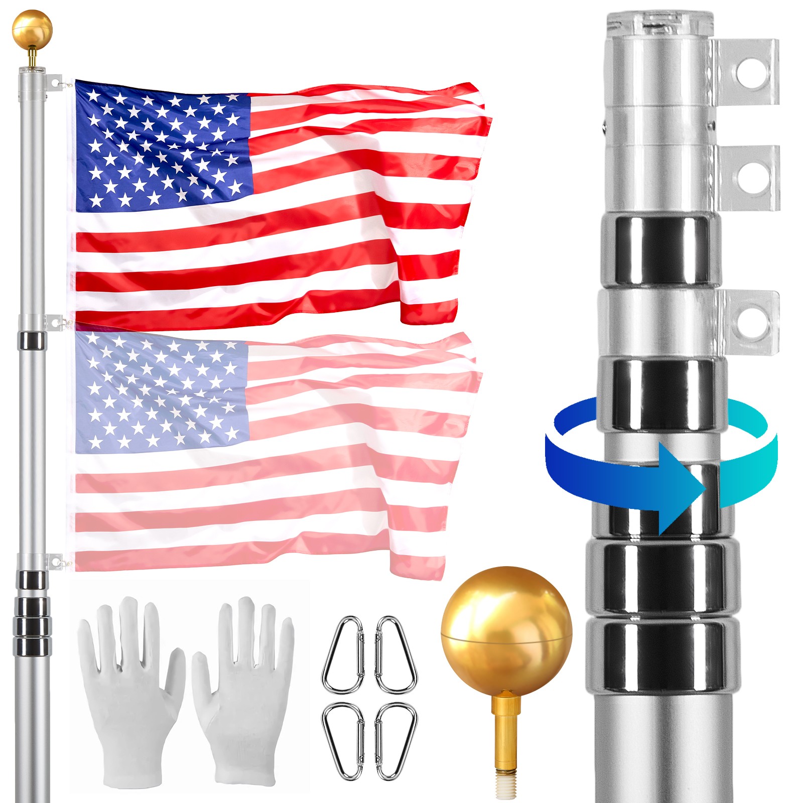 30FT Telescopic Flagpole Kit Heavy Duty Aluminum Flag Pole American Silver