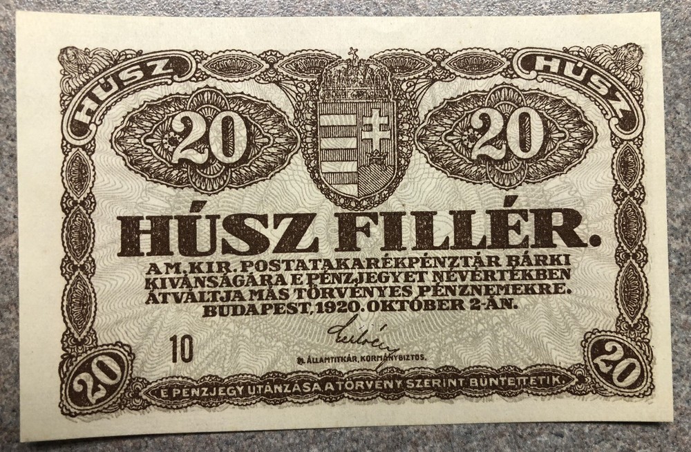 Uncirculated 1920 Hungary 20 Fuller Banknote