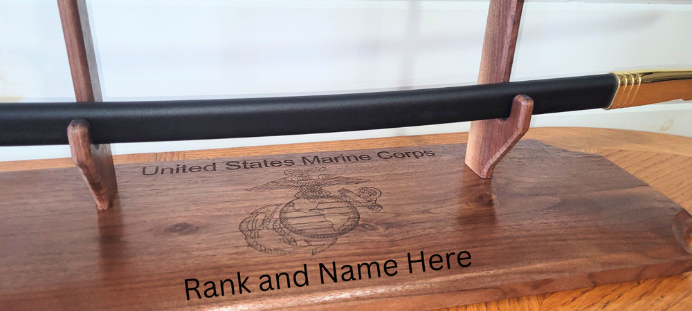 Personalized Military sword display for mantel or table.
