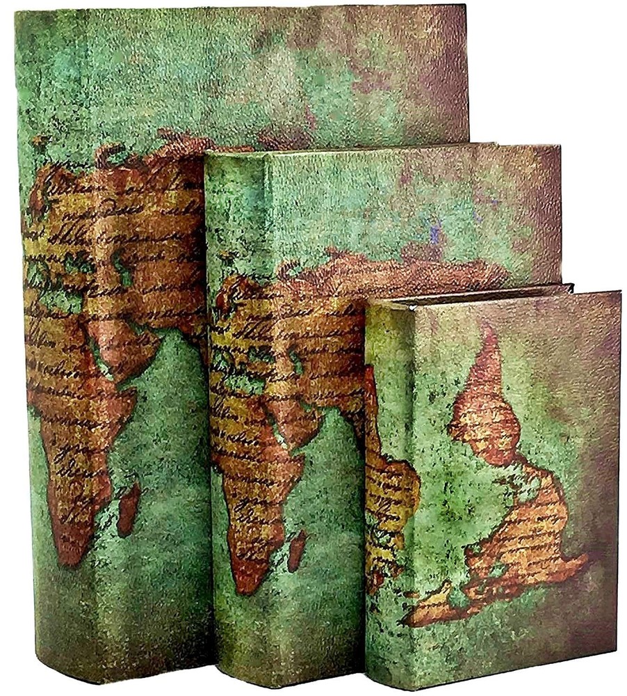 Bellaa 28007 Decorative Book Boxes World Map Pattern Vintage Bookends Invisib...