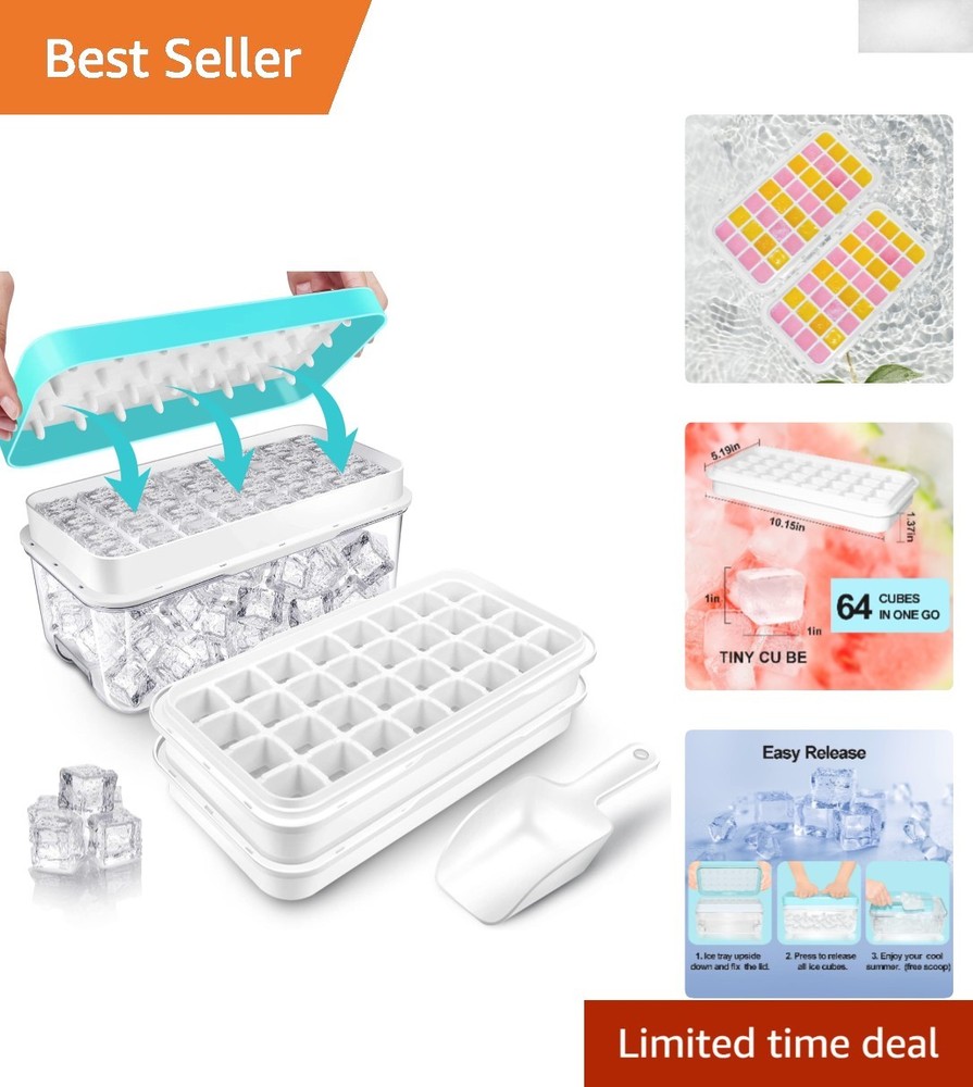 BPA-Free Ice Cube Trays for Freezer - Includes Bin, Scoop, & Press Plate