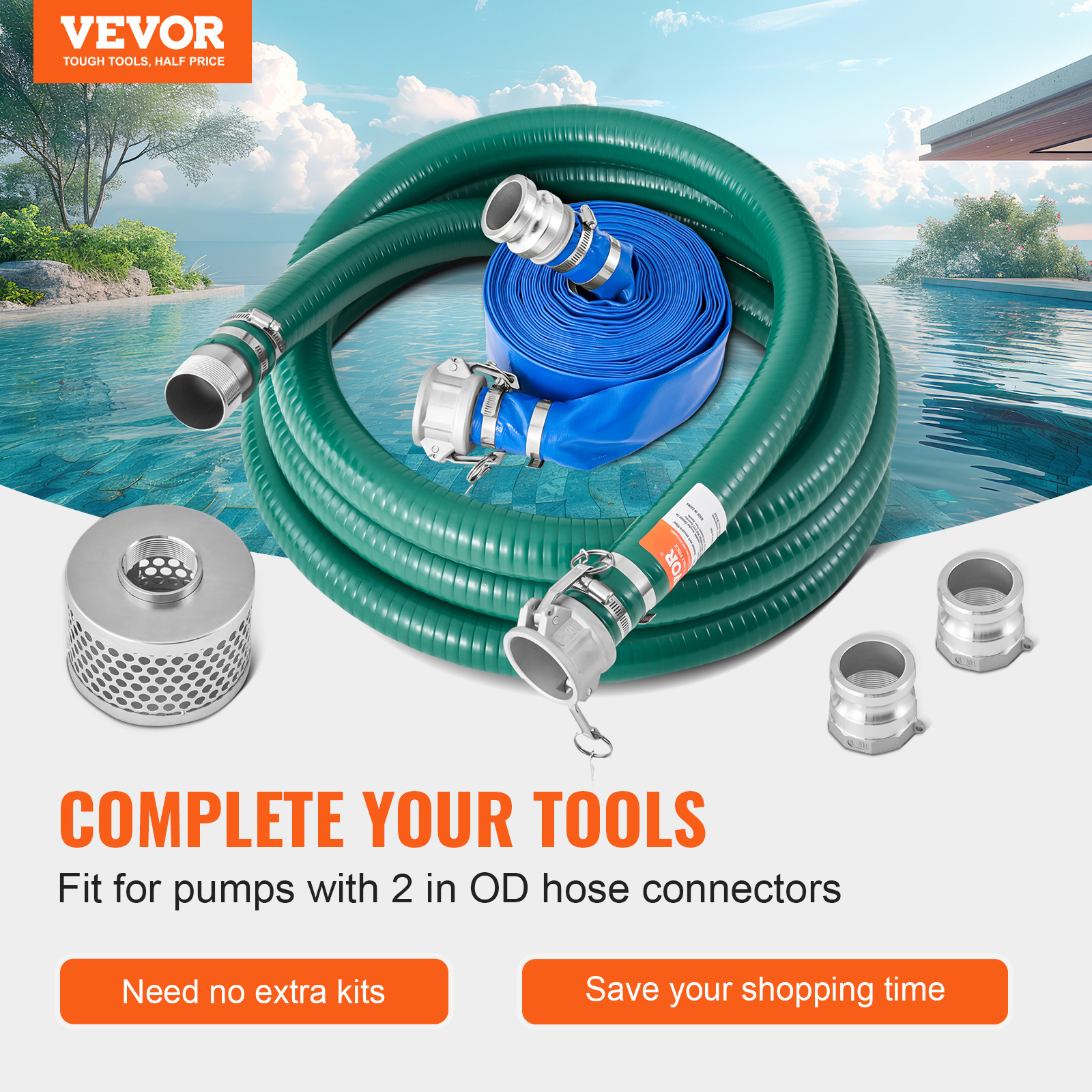 VEVOR Suction Hose Kit for Water Pump 2 in x 20 ft Green/65 ft Blue Hoses