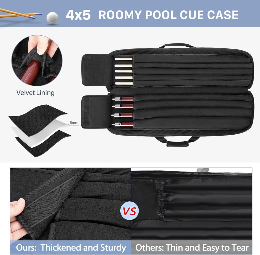 Chic 4x5 Pool Cue Case with Utility Pockets & Adjustable Strap for Comfort