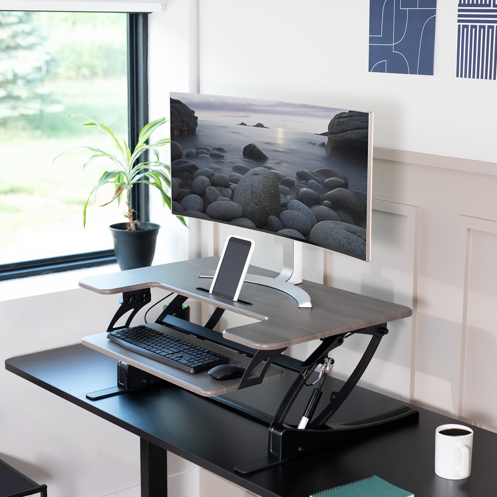 VIVO Gray Height Adjustable Standing Desk Riser, Tabletop Sit-Stand, Black Frame