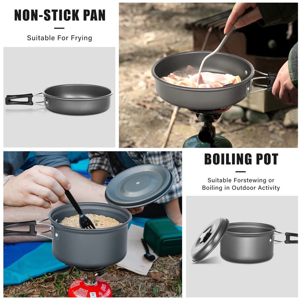 Lixada 10pcs Camping Cookware Mess Kit, Non-Stick Lightweight Stackable Pot P...