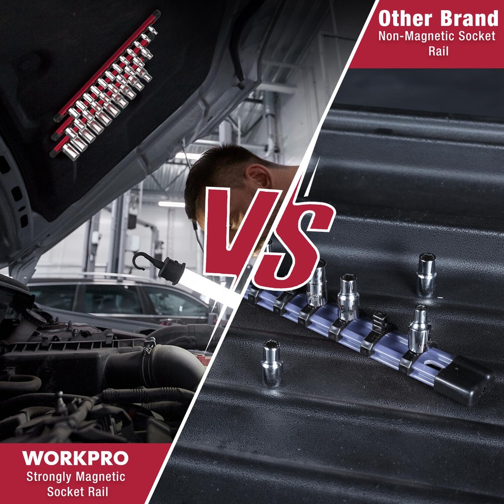 WORKPRO Magnetic Socket Organizer 3/8 Drive Socket Rail Heavy Duty Socket Holder