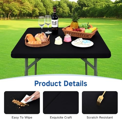 Square Elastic Fitted Tablecloth, Windproof Polyester 34" x 34" (Square) Black