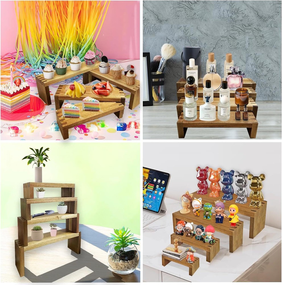 GYSYELL 8Pcs Wood Risers Display Stands 2 Set,4 Tier Rectangular Spice Acacia