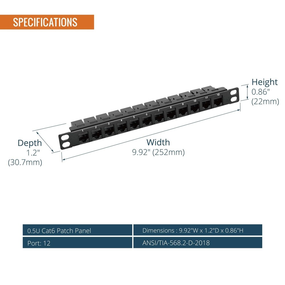 12-Port Cat6 Patch Panel 0.5U Rack Mount Keystone Coupler 10" Server Black