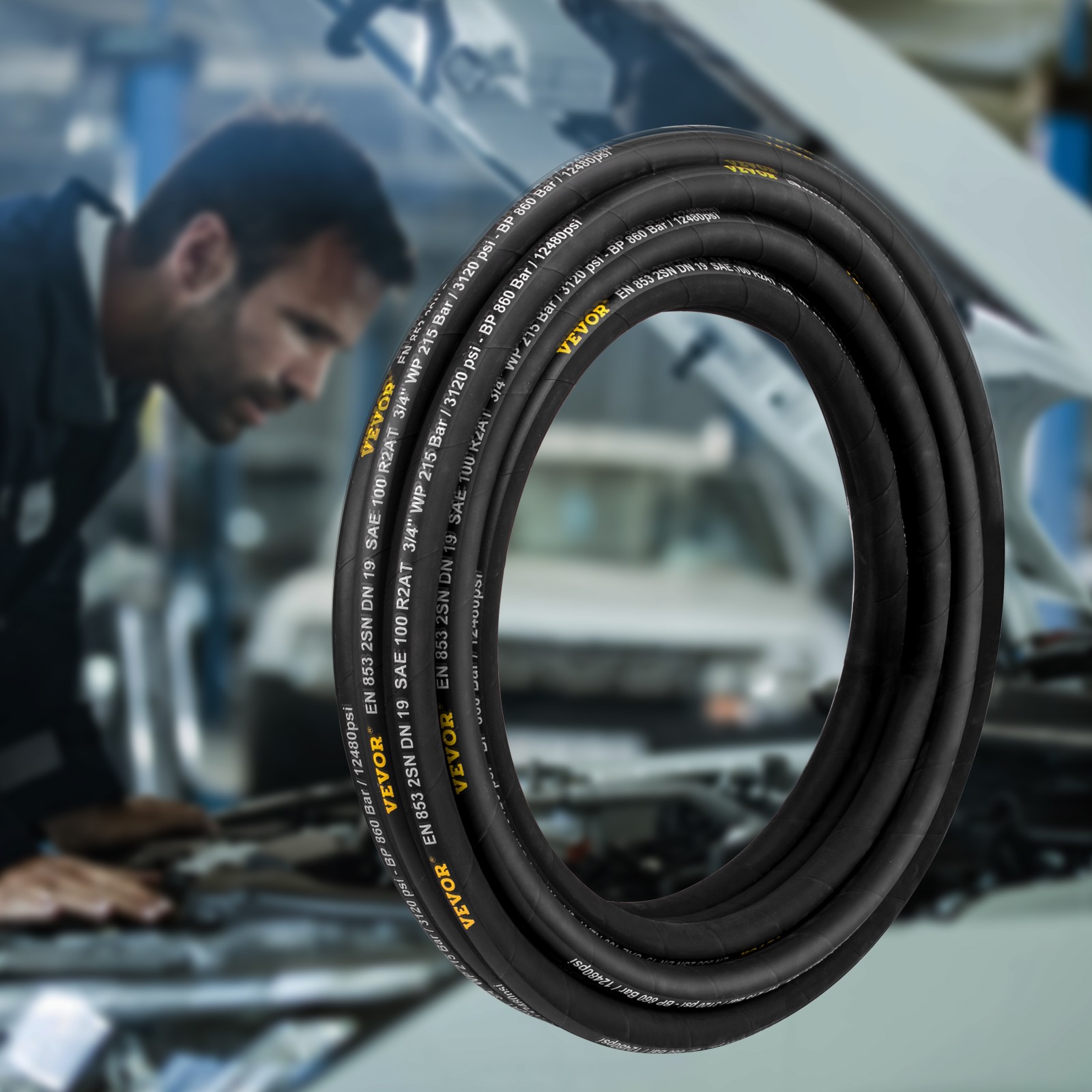 VEVOR 1/2" SAE Hydraulic Hose - 100ft Coiled, R2 Steel Wire, 4000 PSI WP