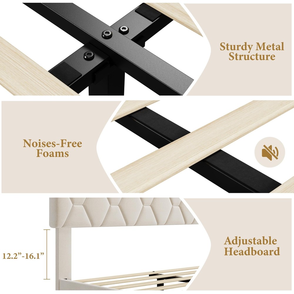 King Size Modern Platform Bed Frame with Upholstered Headboard, Easy Assembly