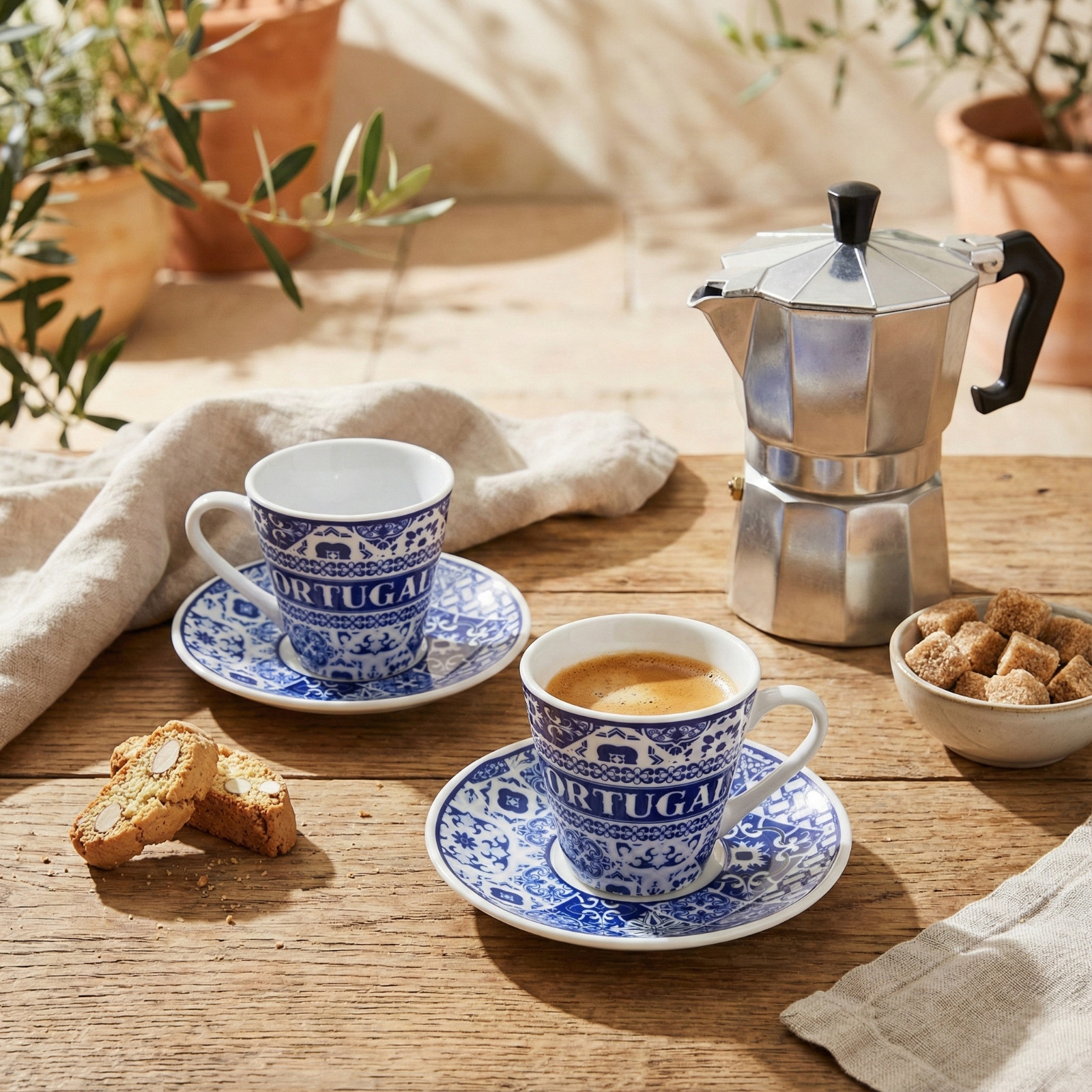 Portuguese Azulejo Espresso Cup & Saucer Set - Blue Tile Design, Set of 2