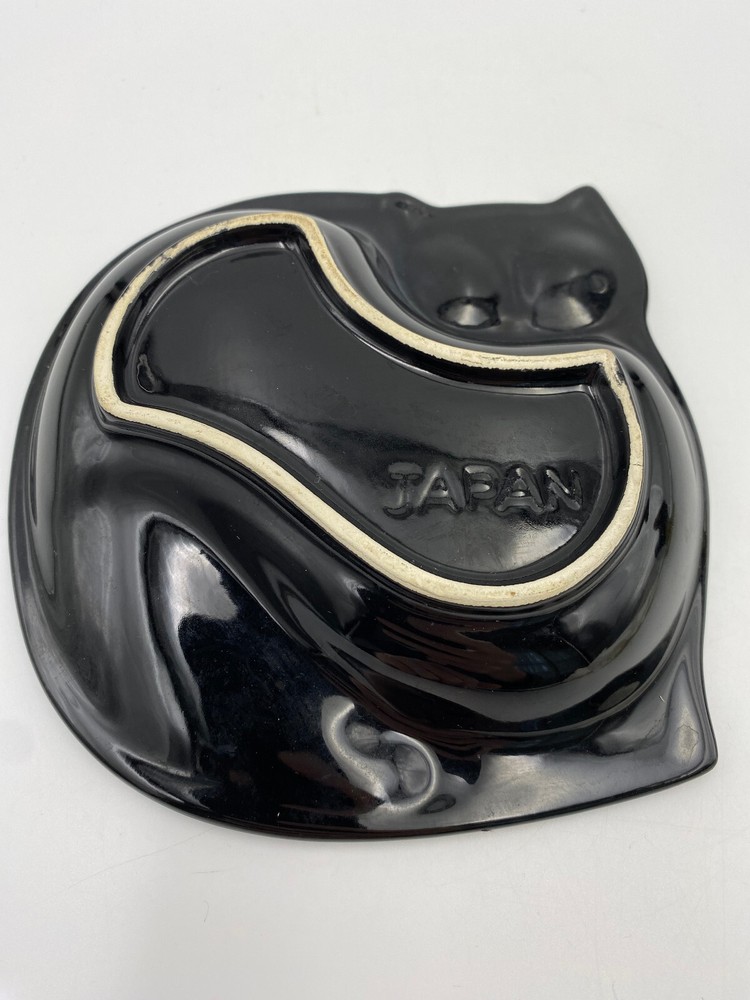 Vintage MCM Glazed Black Cat Dish Japan