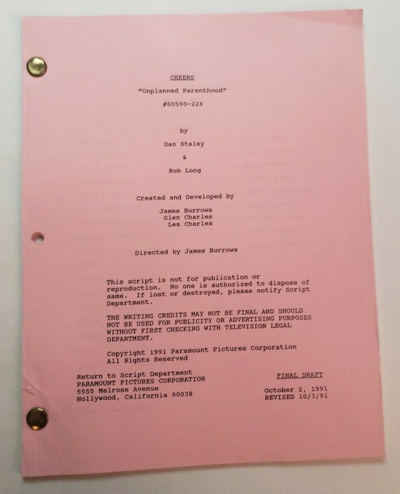 CHEERS / Dan Staley & Rob Long 1991 TV Script, Ted Danson "Unplanned Parenthood"