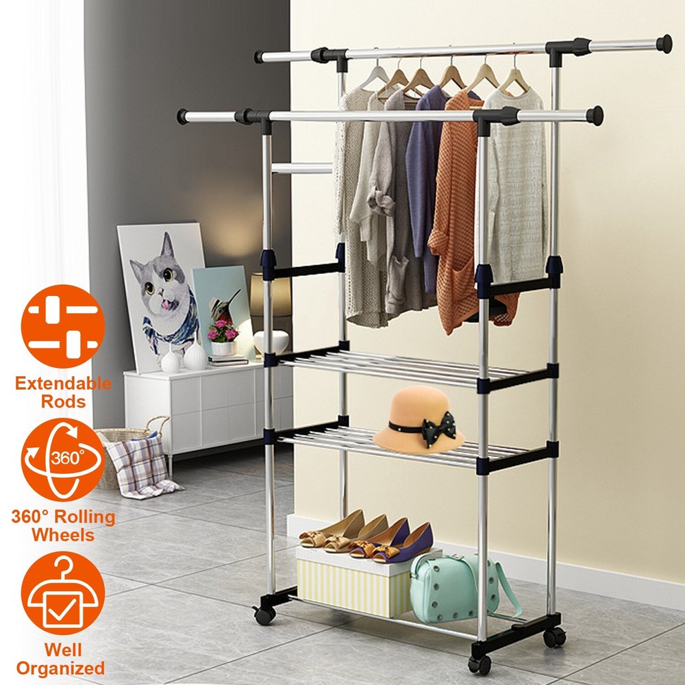 3 Tier Double Rolling Rail Garment Hanging Rack Adjustable Clothes Rack Hanger