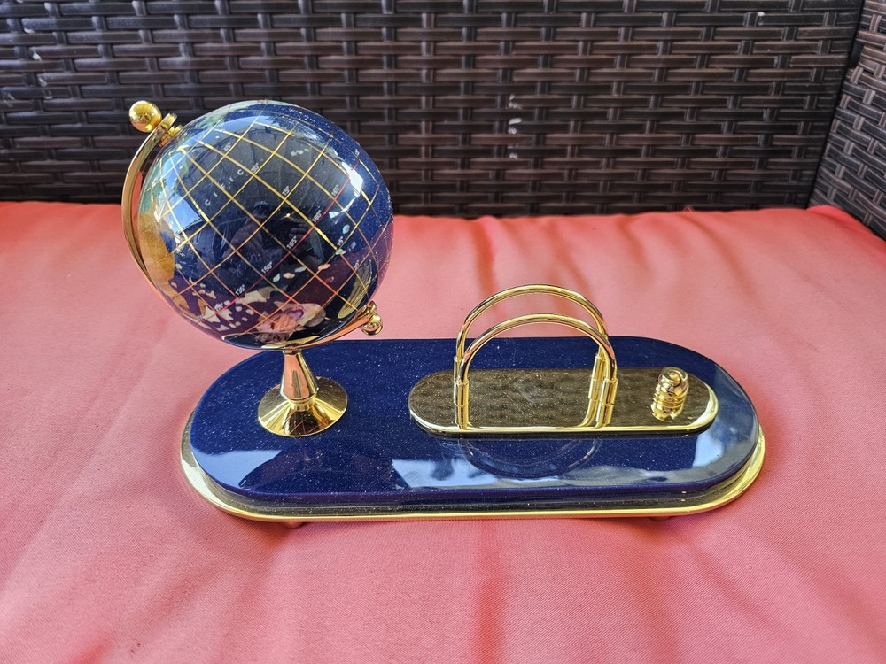 Vtg Desktop Organizer Blue World Globe Note Holder & Pen Missing Pre Owned