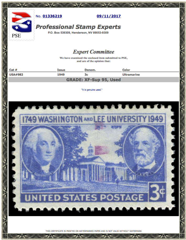 #982 Used, PSE Graded 95, Cert # 01336219
