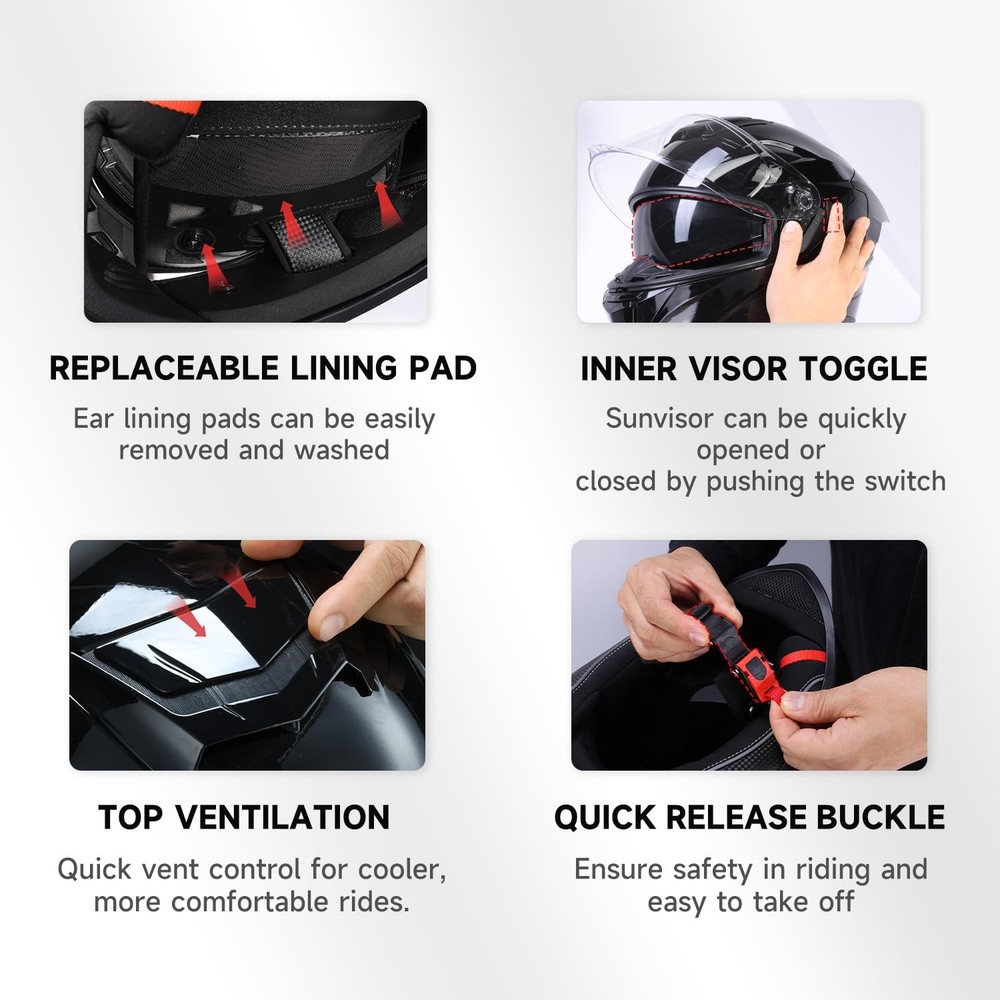Full Face Helmet Dual Visor Tinted Sunshield ECE DOT Approved Gloss Black Large