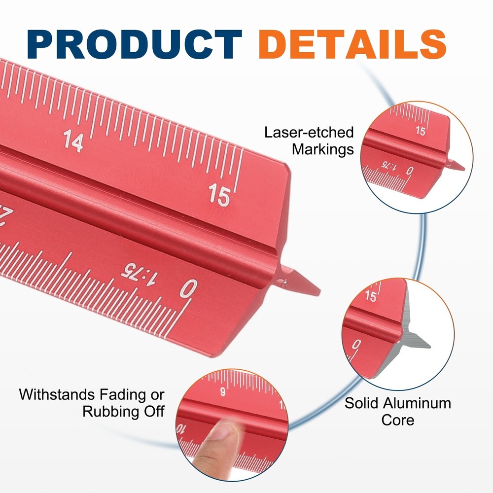 2 Pcs 12 Inch Metric Architectural Triangular Scale Ruler Small Scale, Red
