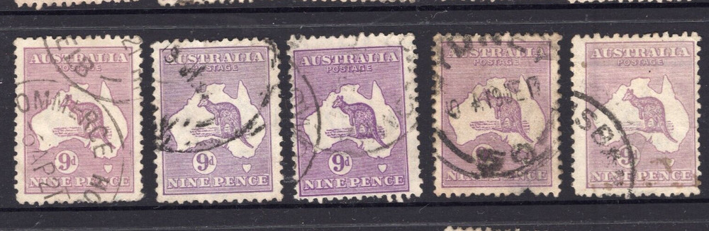 Australia 9d Violet  Roo / Kangaroo Used Lot x 5       REF: R7D3