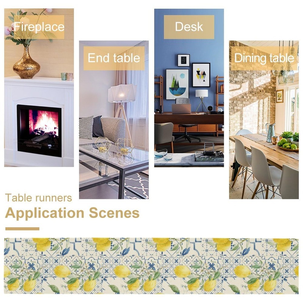 Lemon Table Runner Watercolor Fruits Green Leaves Pattern Table Runner Table ...