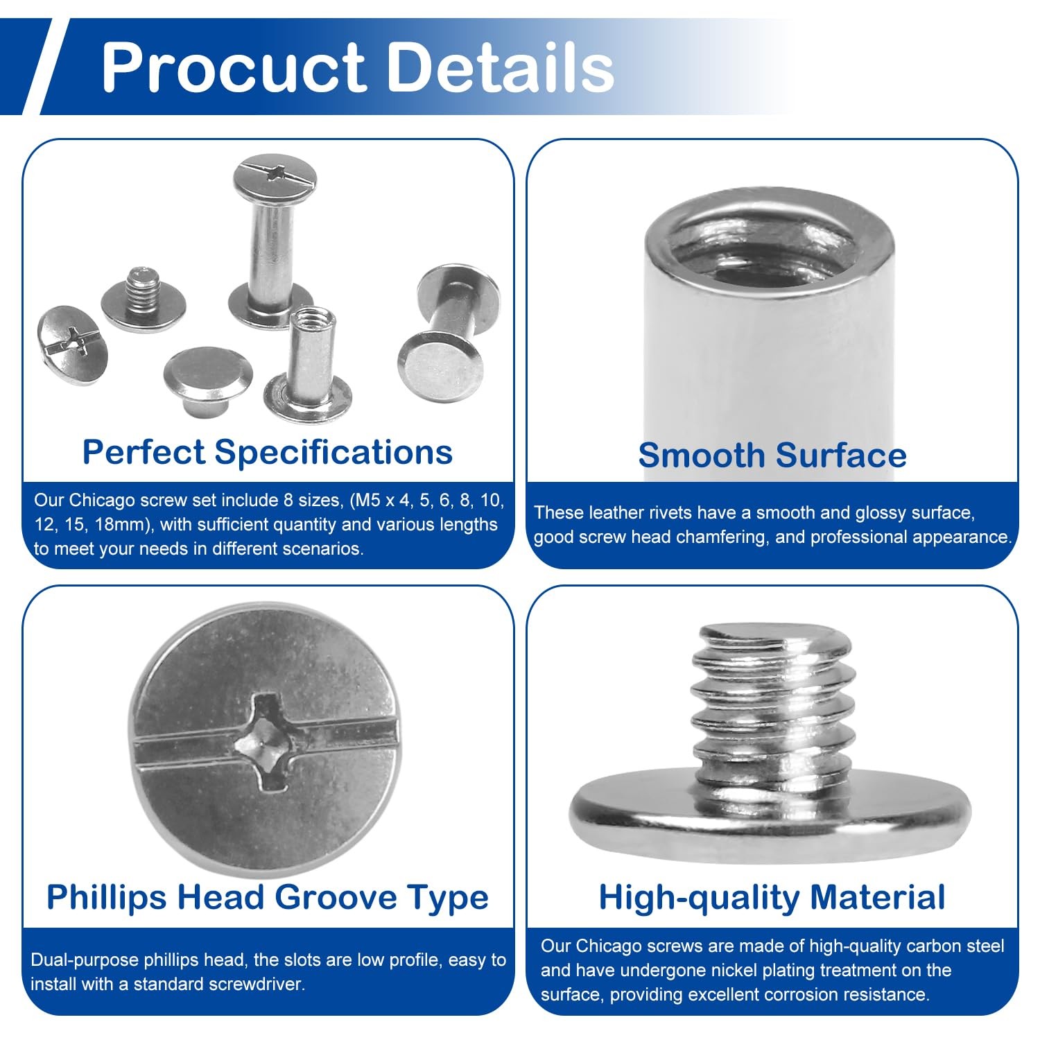 130Sets Chicago Screws Kit Silver Binding Screw Rivets for Leather Crafts