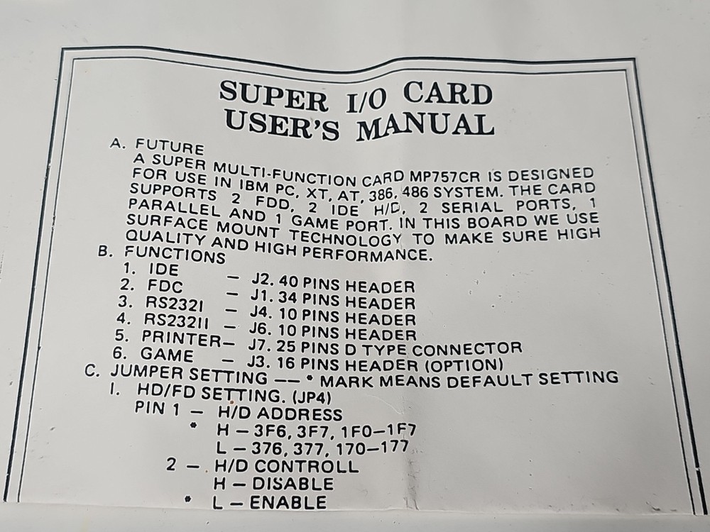 Super I/O Card Multi-Function MP757CR User's Manual IBM PC, XT, AT, 386 486