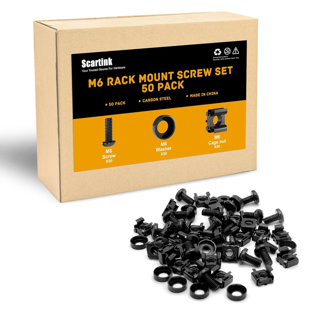 50 Pack M6 Rack Mount Cage Nuts, Screws and Washers Rack Screws Square Insert...