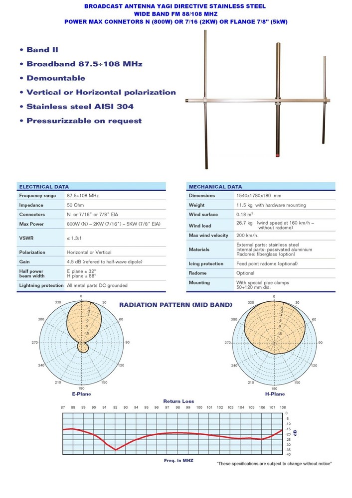 Broadcast System Broadband FM n. 4 Yagi Directive type Kathrein Stainless Steel