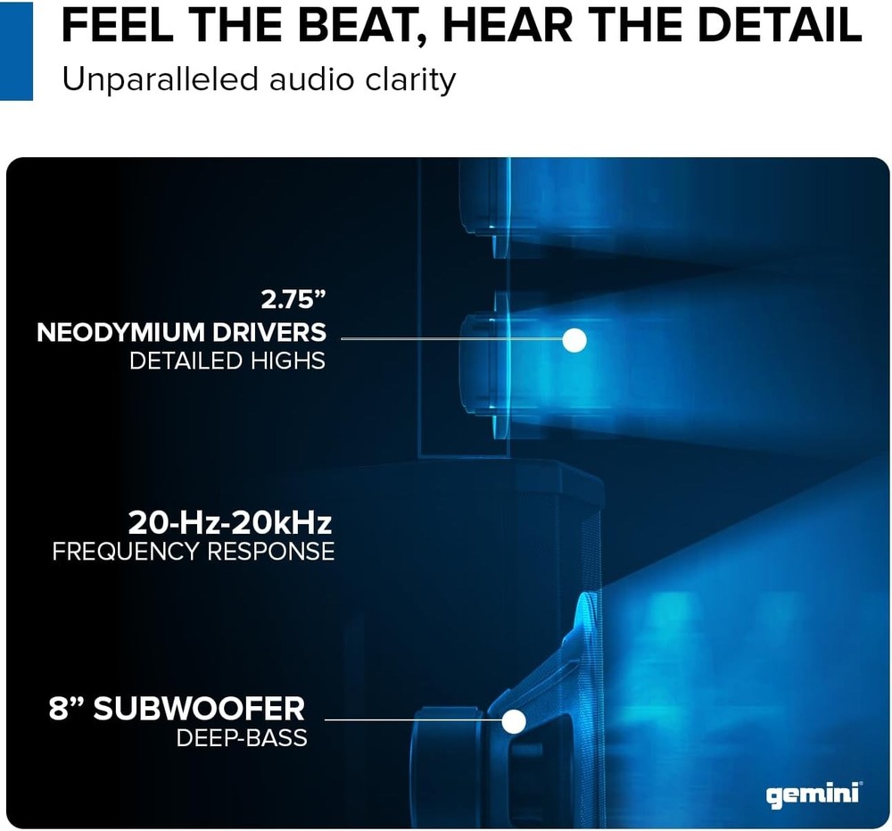 Gemini Sound Powered Line Array PA System with 8" Subwoofer, Mixer & Bluetooth