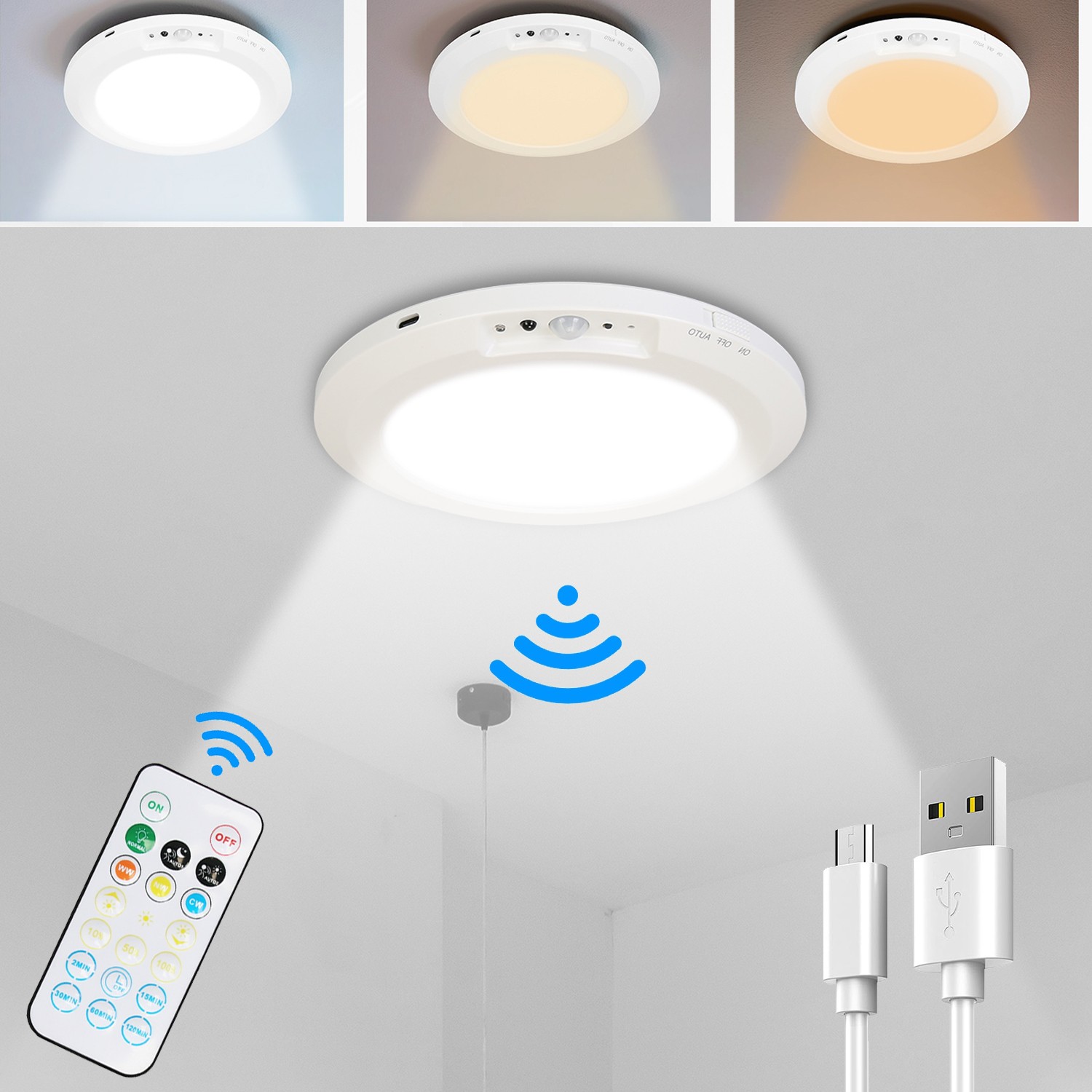 Rechargeable Motion Sensor Ceiling Light Magnetic Install No Wiring Closet Light