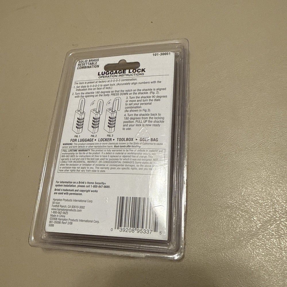 Brinks Solid Brass 4 Digital Combination Lock Padlock 3" X 1.25” New In Packging