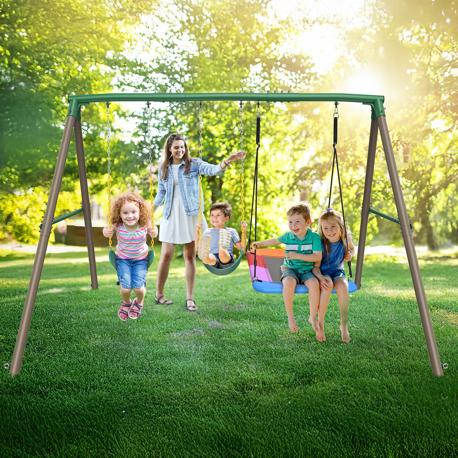600lb 7.3ft Tall Heavy Duty Metal Swing Set with 3 Swings Kids Outdoor Swing Set